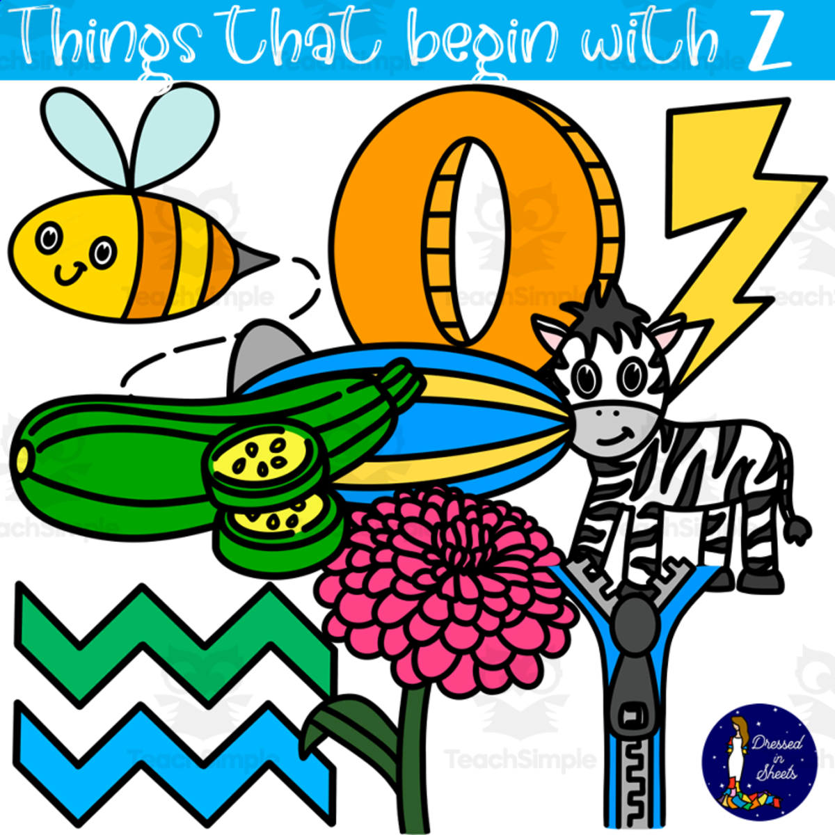 An educational teaching resource from Soumara Siddiqui entitled Things That Begin With Z downloadable at Teach Simple.