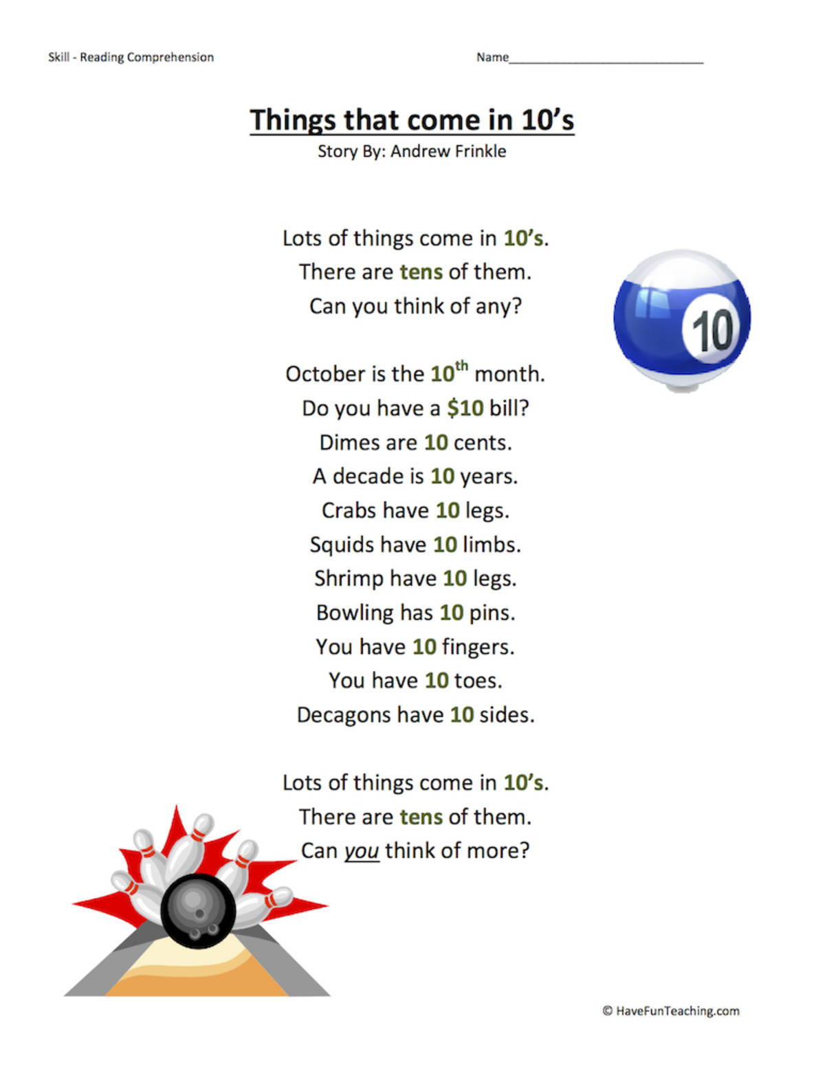 An educational teaching resource from Have Fun Teaching entitled Things that come in 10s Reading Comprehension Worksheet downloadable at Teach Simple.