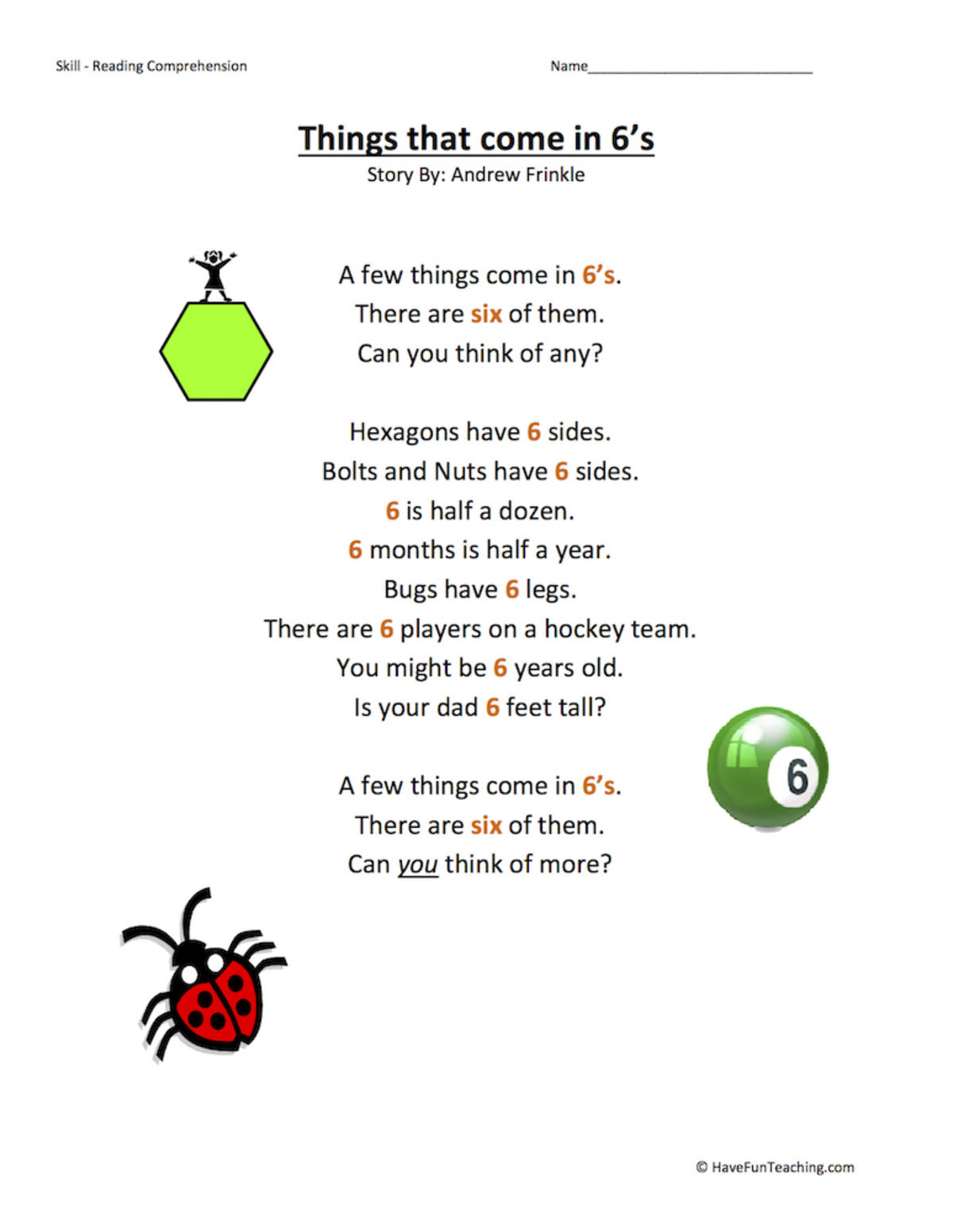 An educational teaching resource from Have Fun Teaching entitled Things that come in 6s Reading Comprehension Worksheet downloadable at Teach Simple.