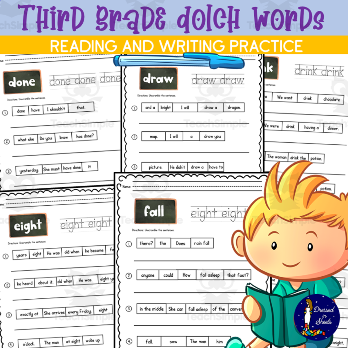An educational teaching resource from Soumara Siddiqui entitled Third Grade Dolch Words Reading and Writing Practice downloadable at Teach Simple.