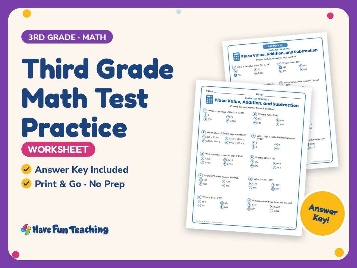 Third Grade Math Test Practice Worksheet – 3rd Grade Addition preview