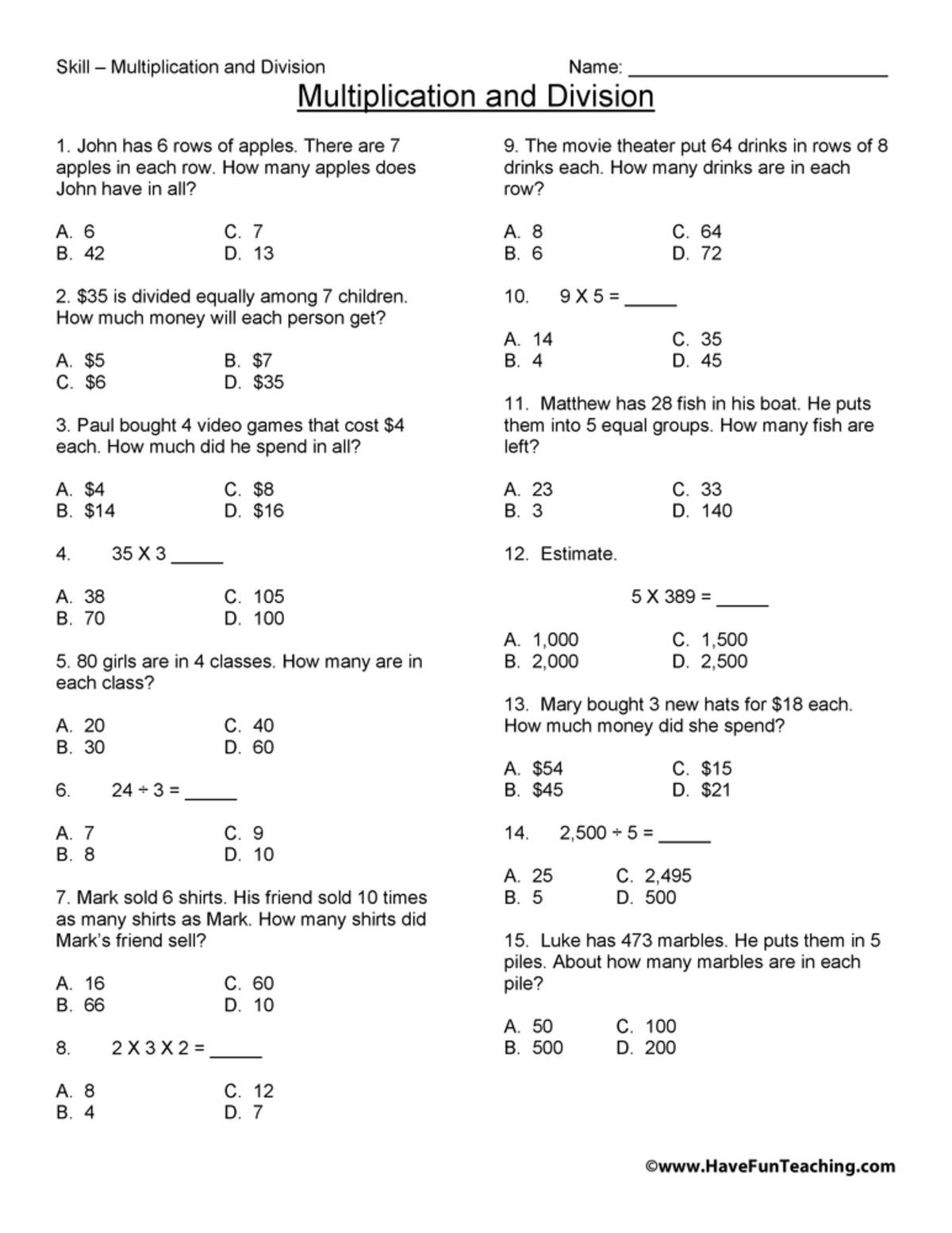An educational teaching resource from Have Fun Teaching entitled Third Grade Multiplication and Division Test Practice Worksheet downloadable at Teach Simple.
