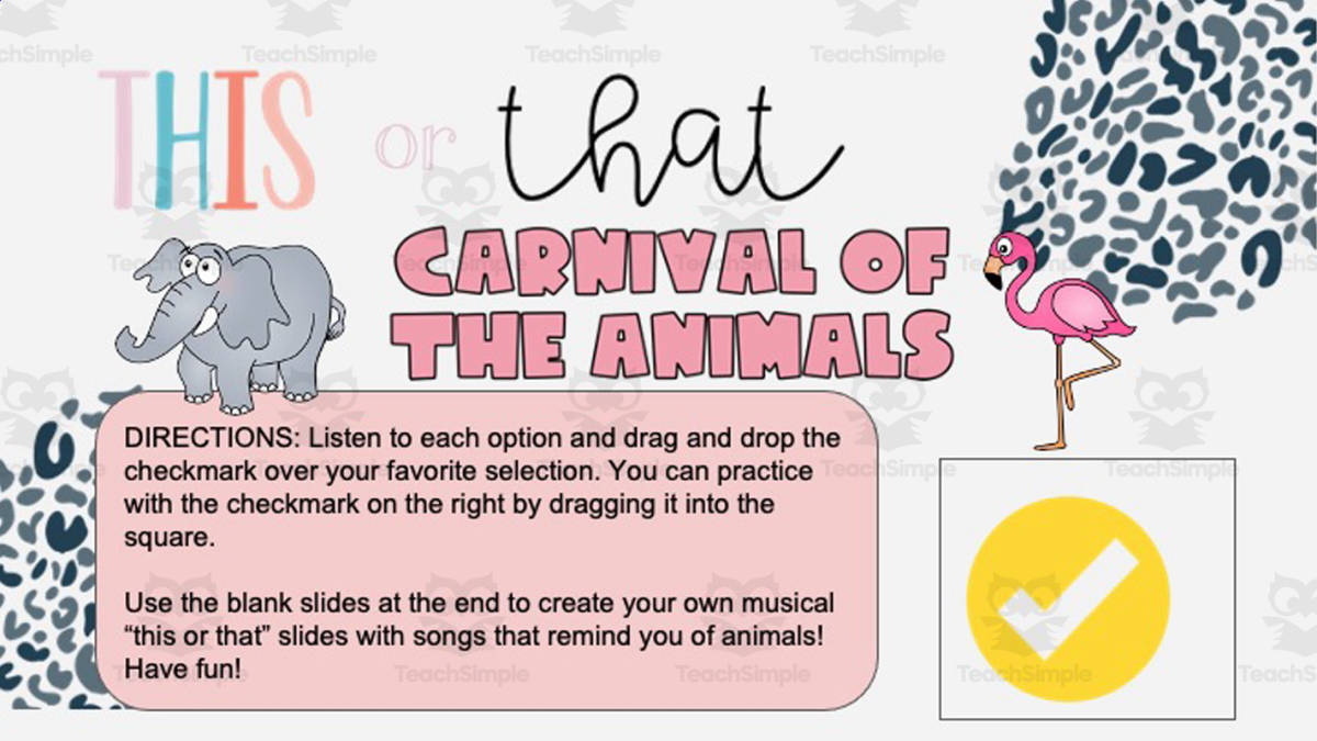 An educational teaching resource from Joyful Noise Teaching entitled This or That | Carnival Animals Edition downloadable at Teach Simple.