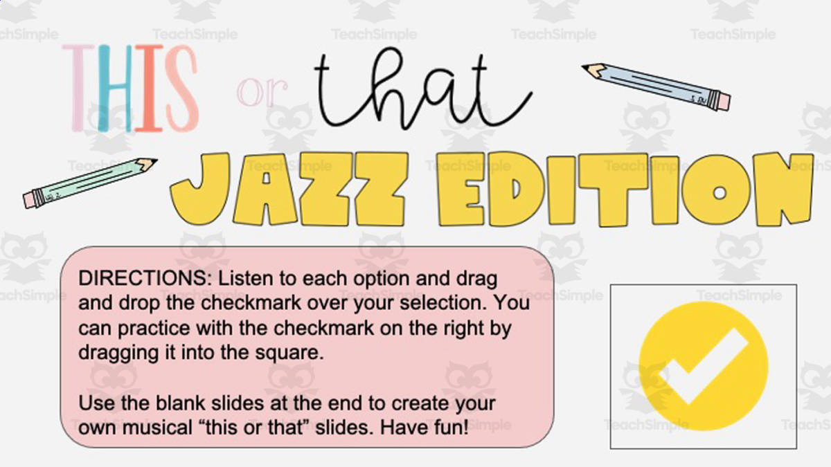 An educational teaching resource from Joyful Noise Teaching entitled This or That Game: Jazz Edition downloadable at Teach Simple.