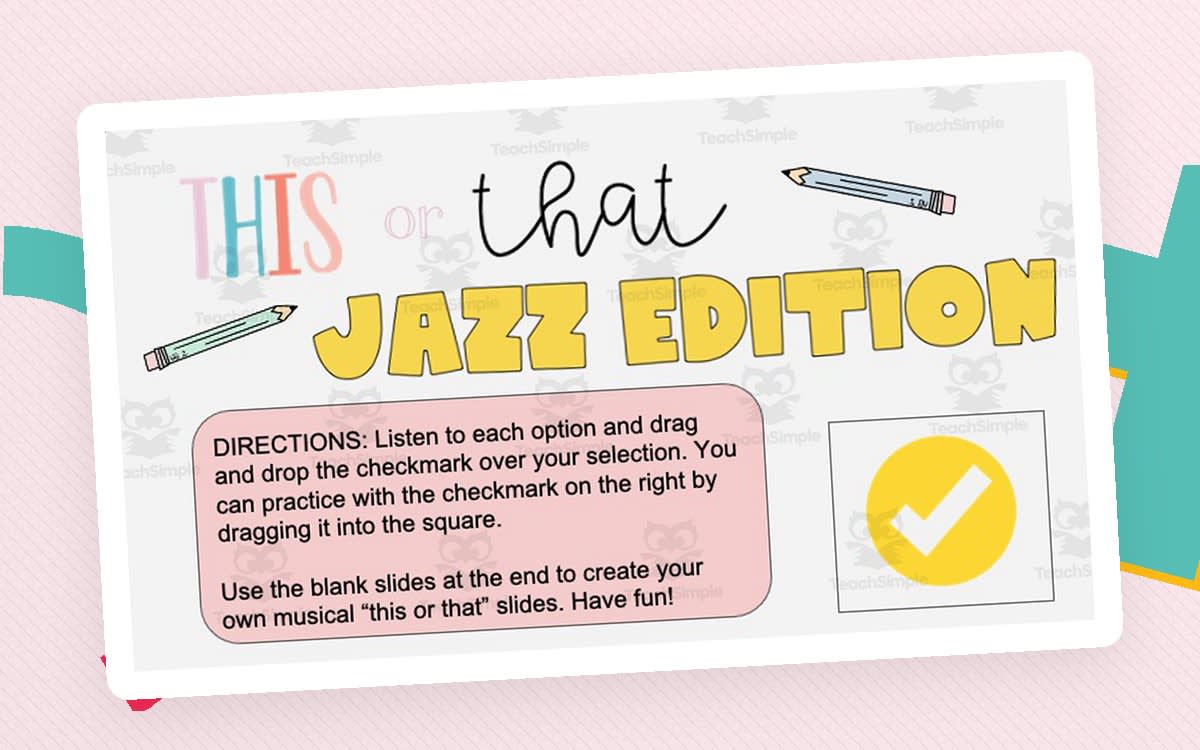 An educational teaching resource from Joyful Noise Teaching entitled This or That Game: Jazz Edition downloadable at Teach Simple.