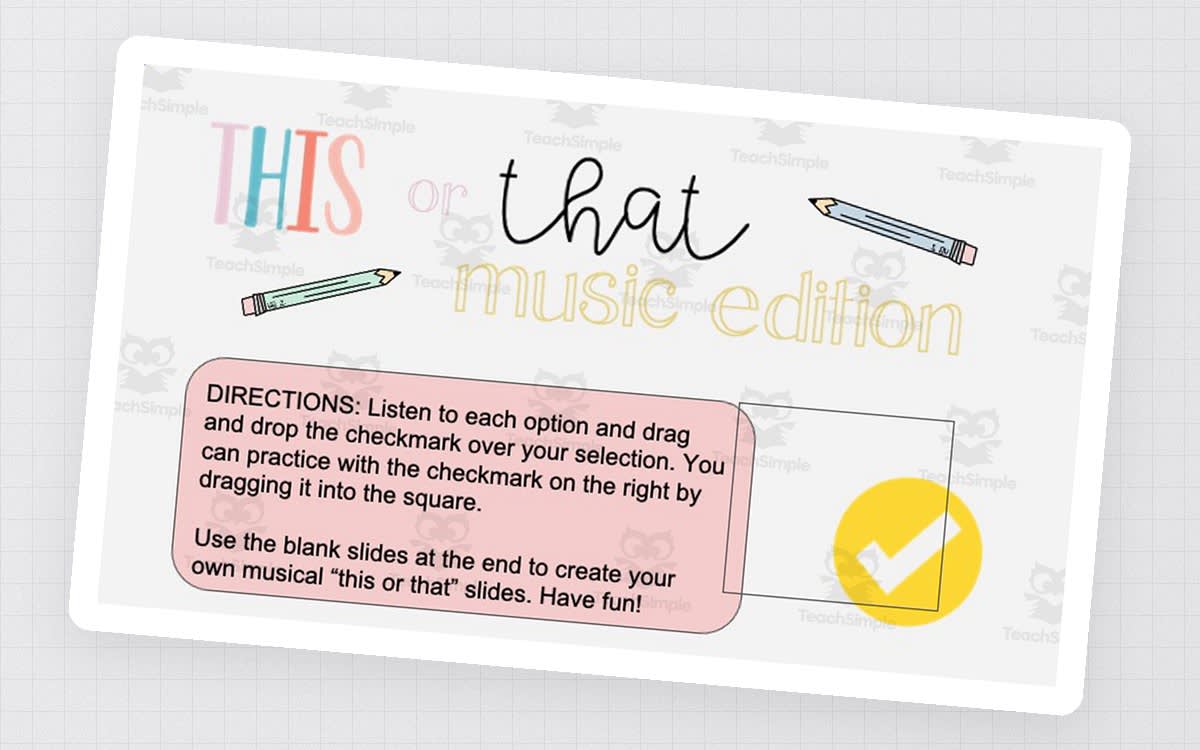 An educational teaching resource from Joyful Noise Teaching entitled This or That Game: Music Edition downloadable at Teach Simple.