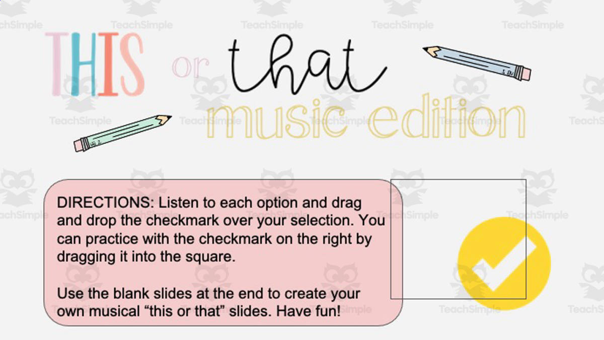 An educational teaching resource from Joyful Noise Teaching entitled This or That Game: Music Edition downloadable at Teach Simple.