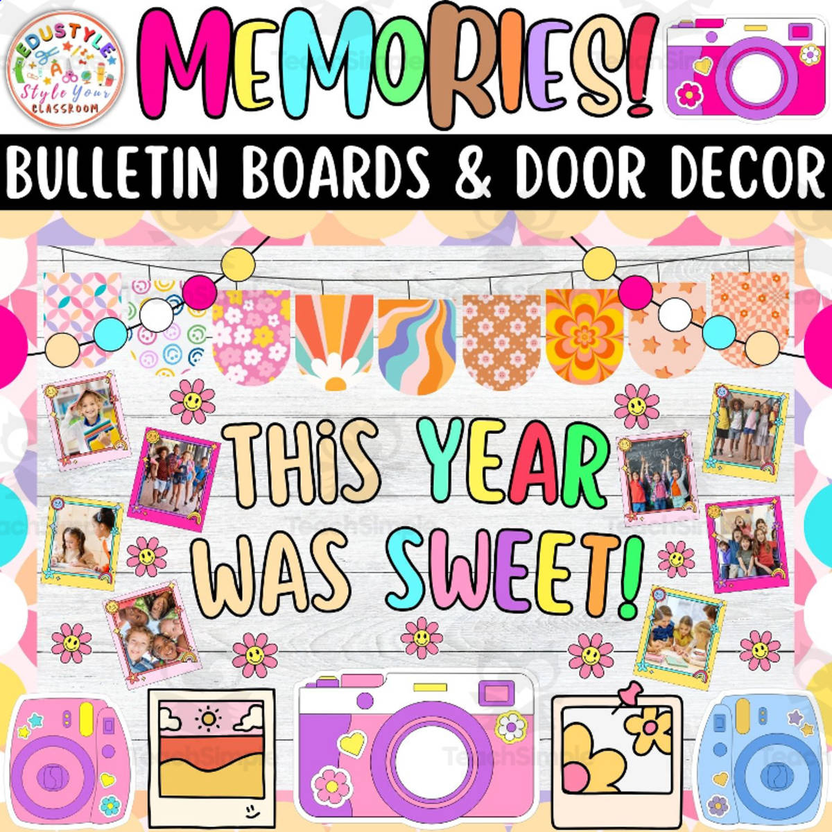 An educational teaching resource from Style Your Classroom entitled This Year Was Sweet: Memories & Summer Bulletin board & door Decor kit downloadable at Teach Simple.