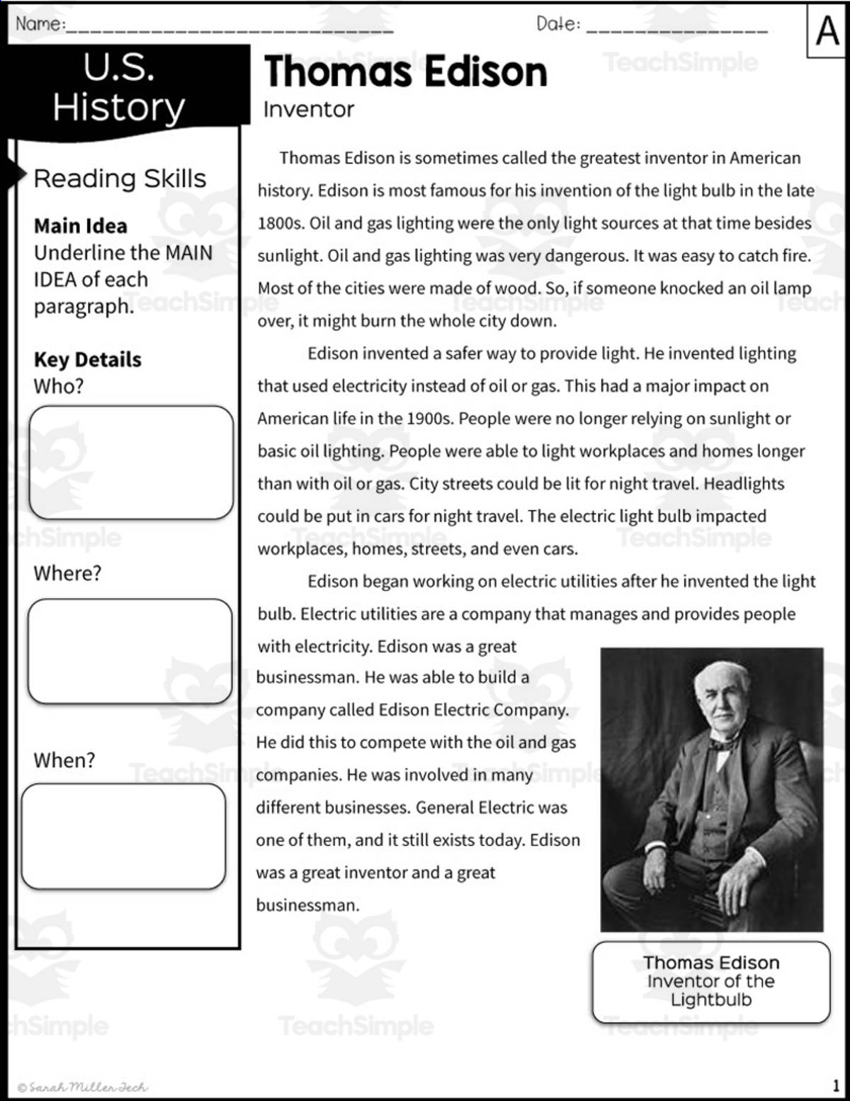 An educational teaching resource from Sarah Miller Tech entitled Thomas Edison Reading Packet downloadable at Teach Simple.