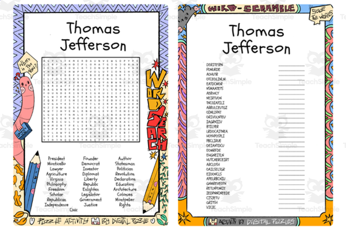 An educational teaching resource from Lapiiin Art Activities entitled Thomas Jefferson word search & scramble downloadable at Teach Simple.