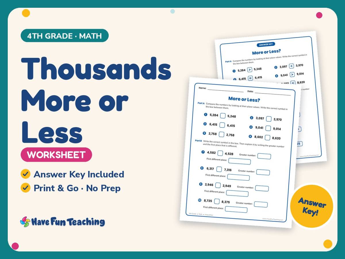 Thousands More or Less Worksheet – 4th Grade Inequalities Practice preview