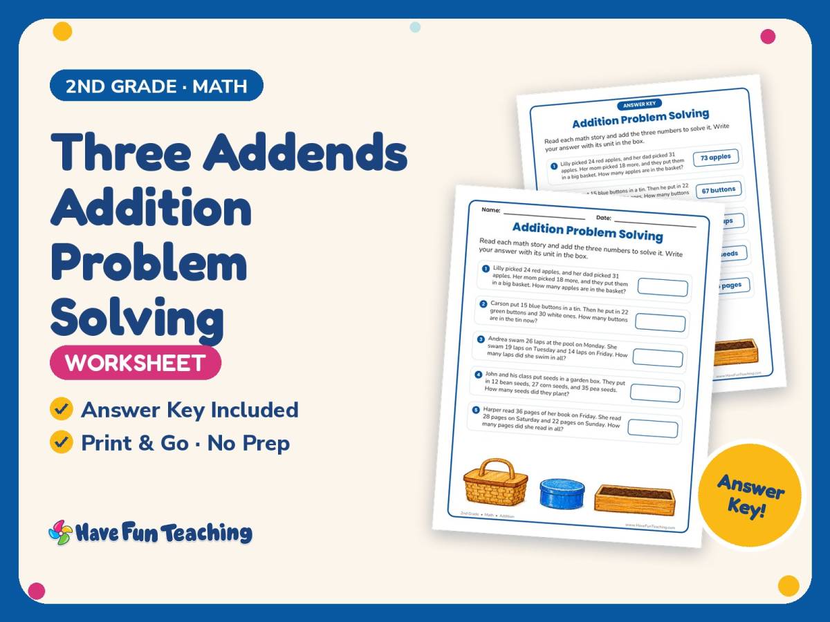 Three Addends Addition Problem Solving Worksheet – 2nd Grade Practice preview