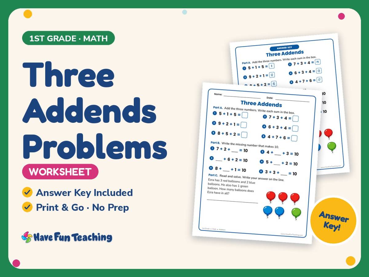 Three Addends Problems Worksheet – 1st Grade Addition Practice preview