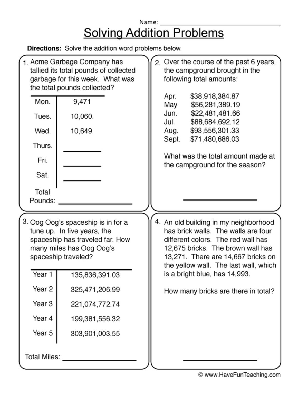 An educational teaching resource from Have Fun Teaching entitled Three Addends to Millions Addition Word Problems Worksheet downloadable at Teach Simple.
