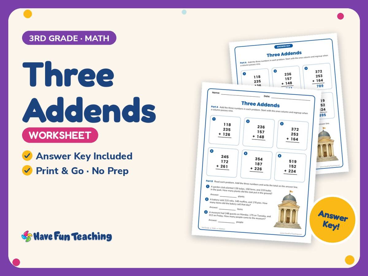 Three Addends Worksheet – 3rd Grade Addition Practice + Answer Key preview