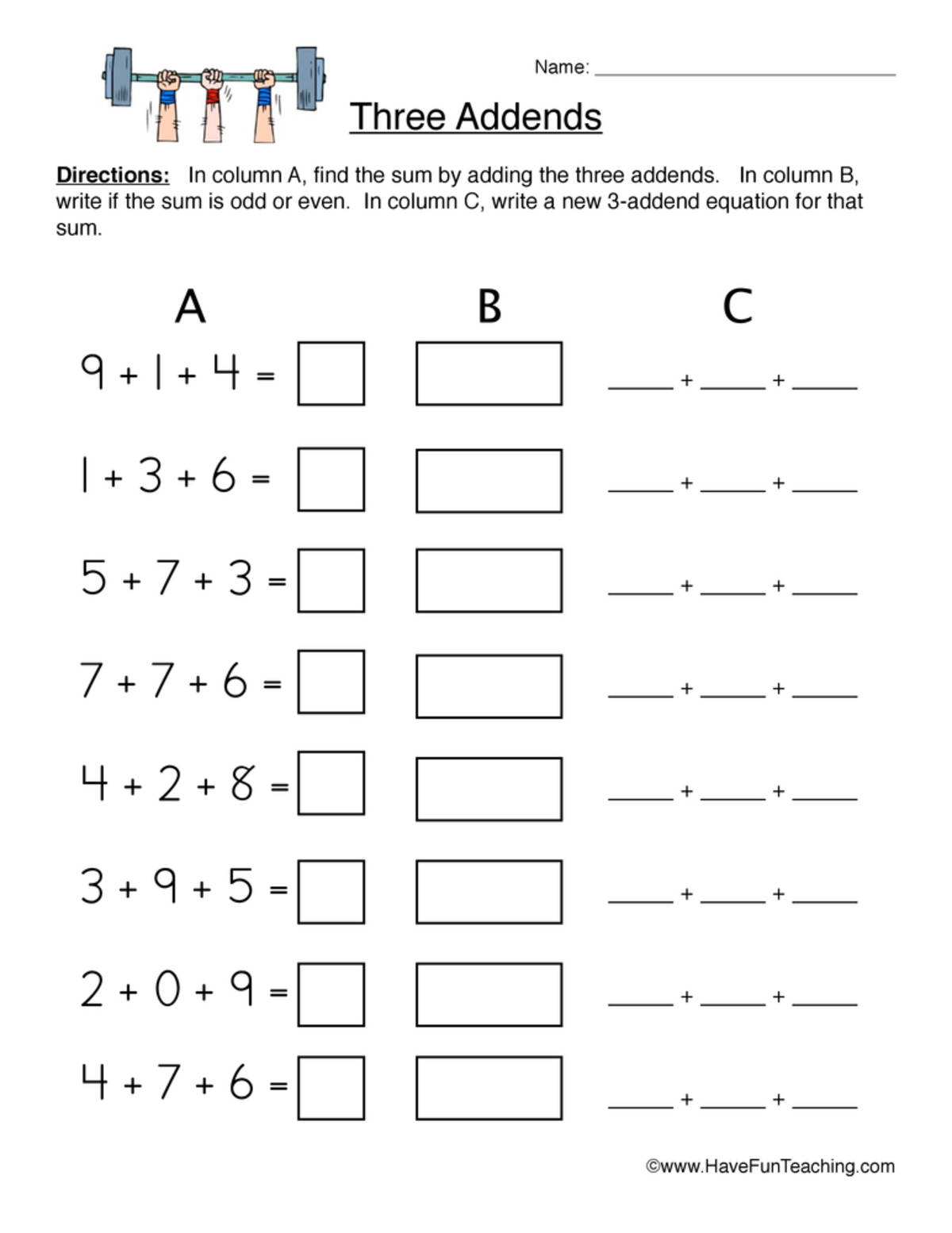 An educational teaching resource from Have Fun Teaching entitled Three Addends Worksheet downloadable at Teach Simple.