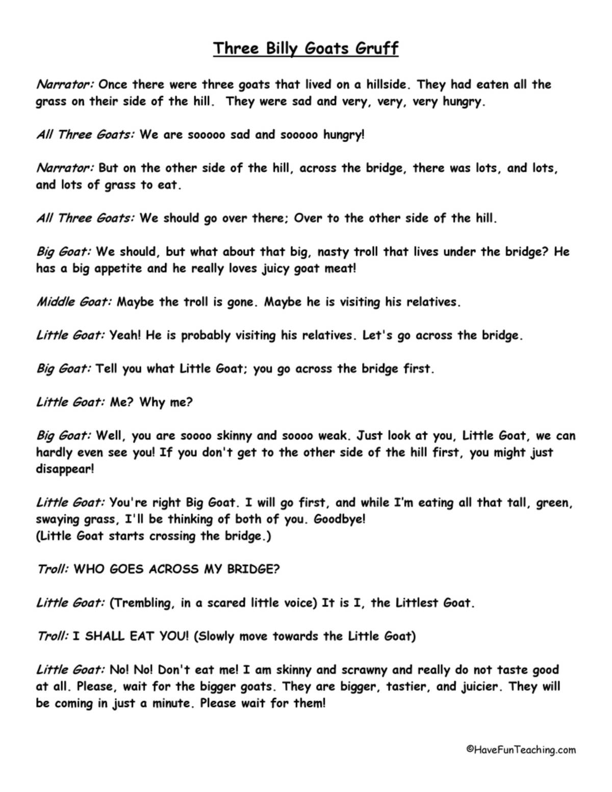 An educational teaching resource from Have Fun Teaching entitled Three Billy Goats Gruff Reader's Theater downloadable at Teach Simple.