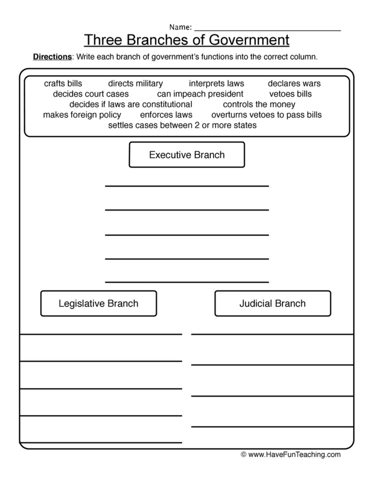 An educational teaching resource from Have Fun Teaching entitled Three Branches of Government Worksheet downloadable at Teach Simple.