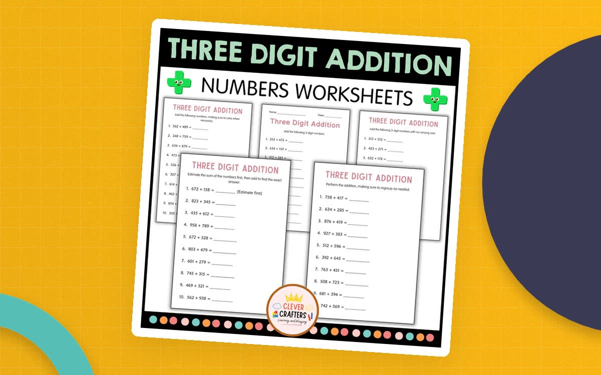 An educational teaching resource from Clever Crafters entitled Three Digit Addition - With Regrouping (3 Digit Adding) Printables downloadable at Teach Simple.