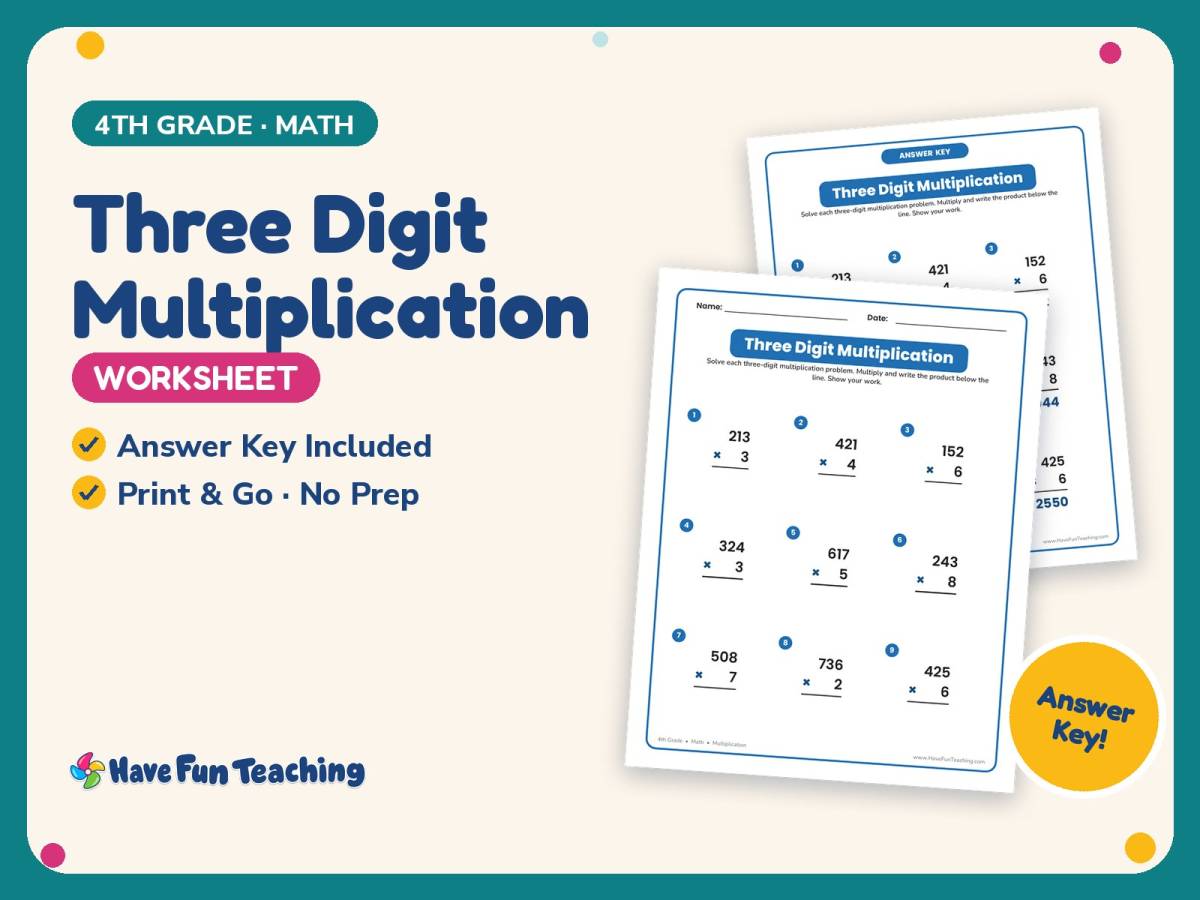 Three Digit Multiplication Worksheet – 4th Grade Math Practice preview