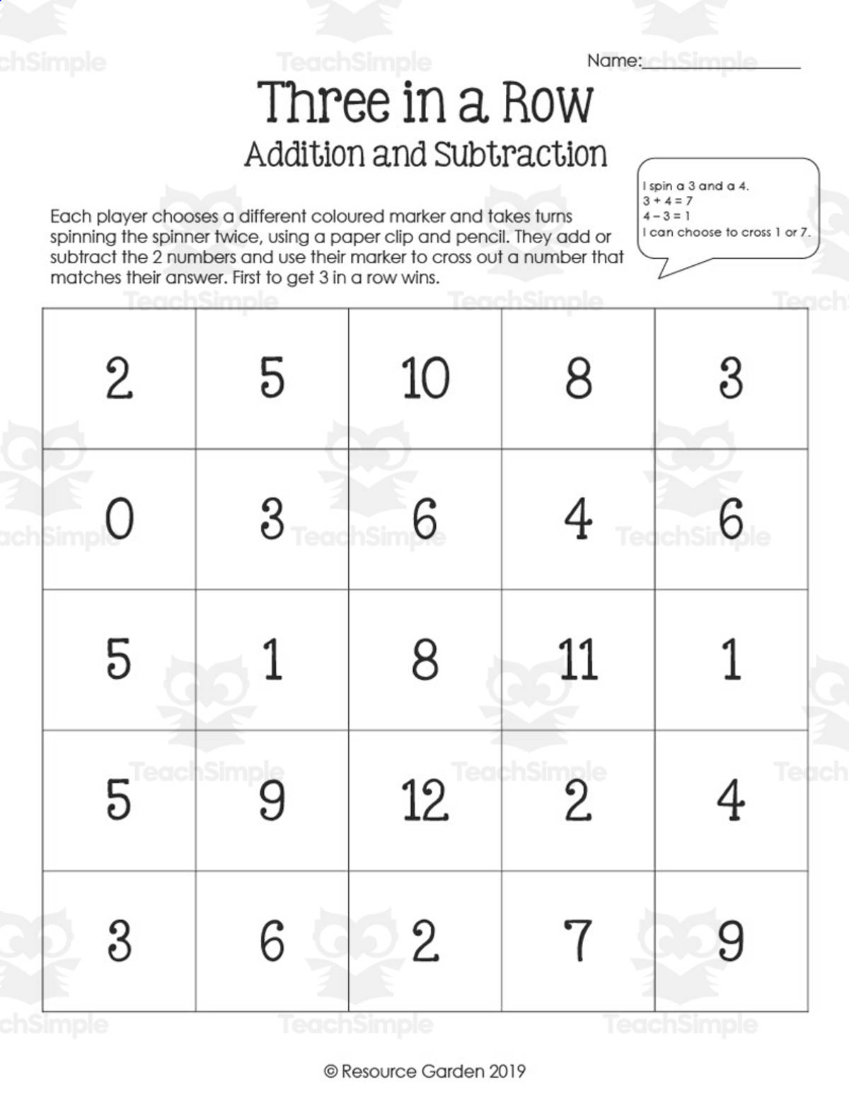 An educational teaching resource from Resource Garden entitled Three in a Row Addition and Subtraction Game downloadable at Teach Simple.