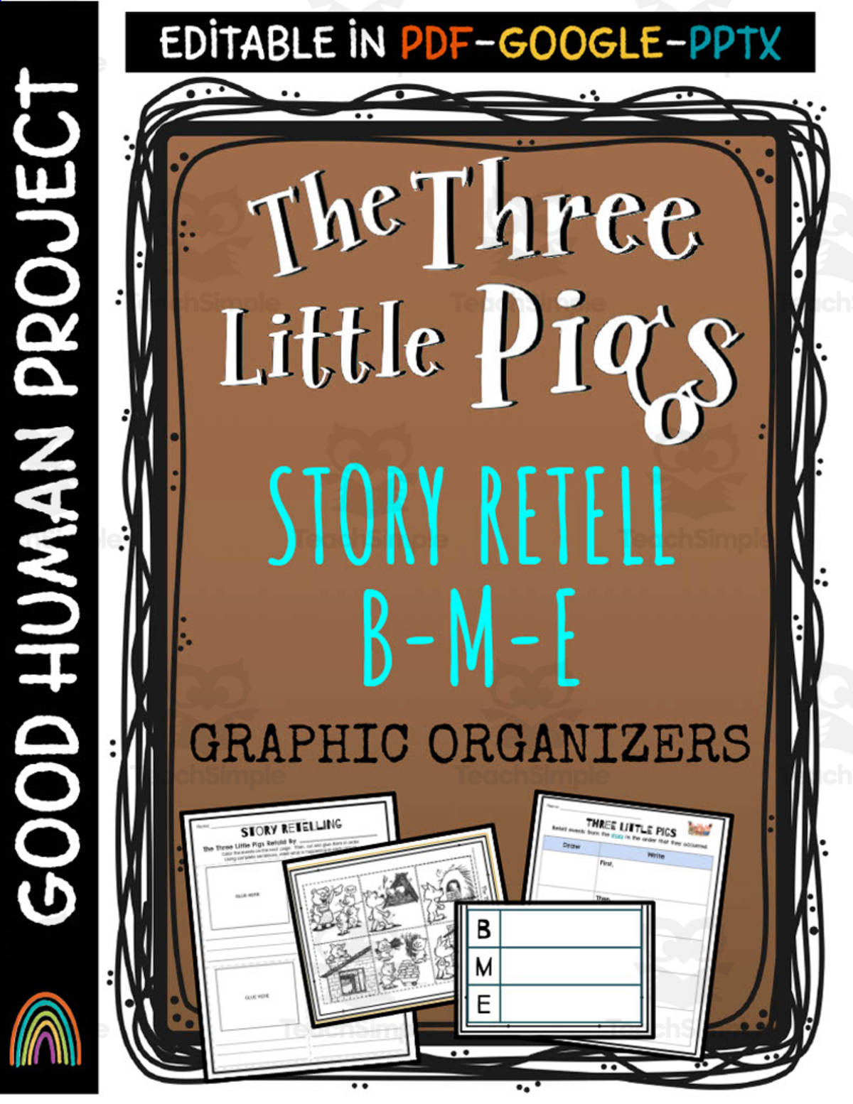 An educational teaching resource from Good Human Project entitled Three Little Pigs – Story Retelling Activity Pack downloadable at Teach Simple.