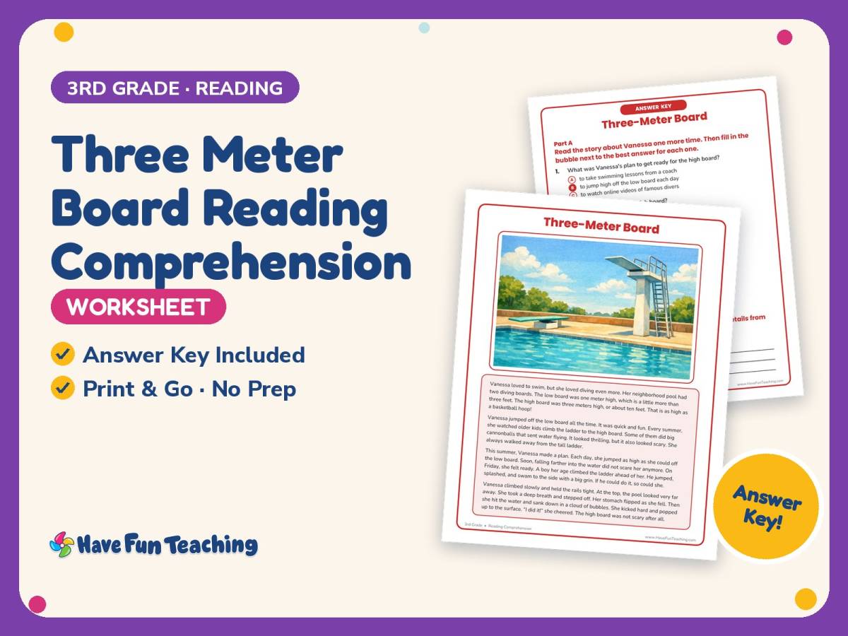 Three Meter Board Reading Comprehension Worksheet – 3rd Grade Practice preview