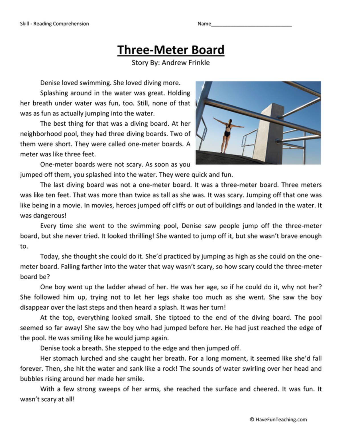 An educational teaching resource from Have Fun Teaching entitled Three Meter Board Reading Comprehension Worksheet downloadable at Teach Simple.