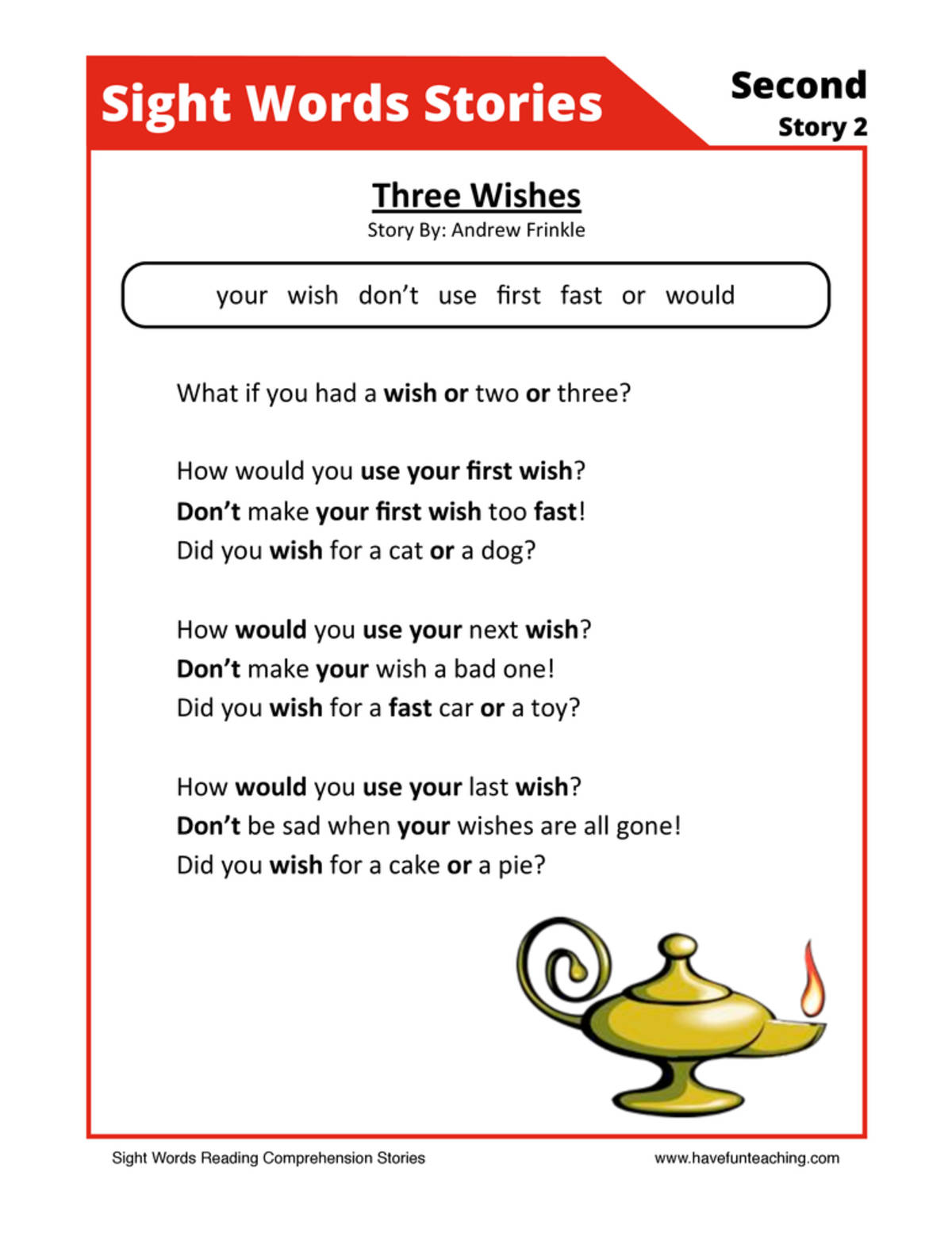 An educational teaching resource from Have Fun Teaching entitled Three Wishes Second Sight Words Reading Comprehension Worksheet downloadable at Teach Simple.