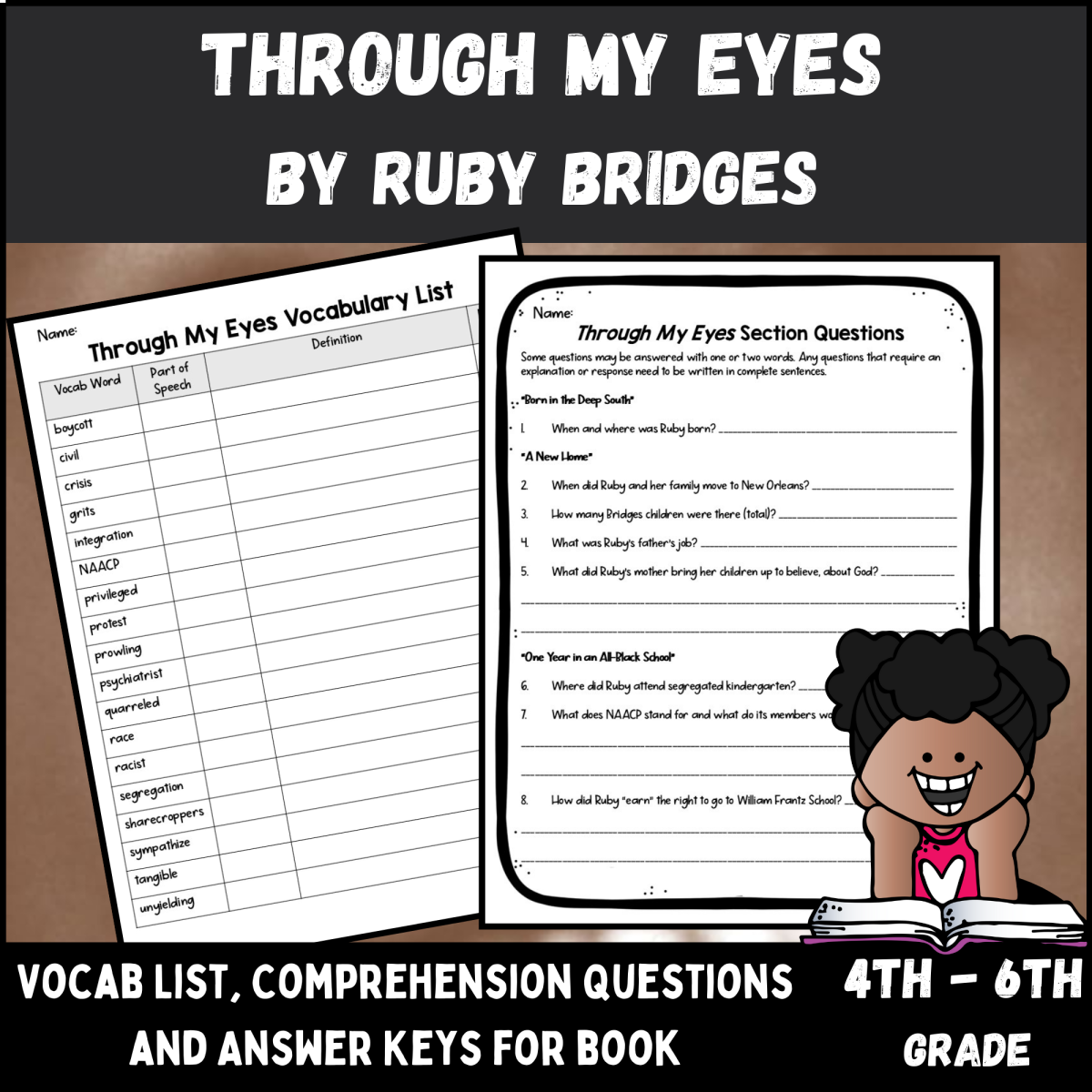 An educational teaching resource from Kel's Klass entitled Through My Eyes by Ruby Bridges Comprehension & Vocabulary Worksheets downloadable at Teach Simple.