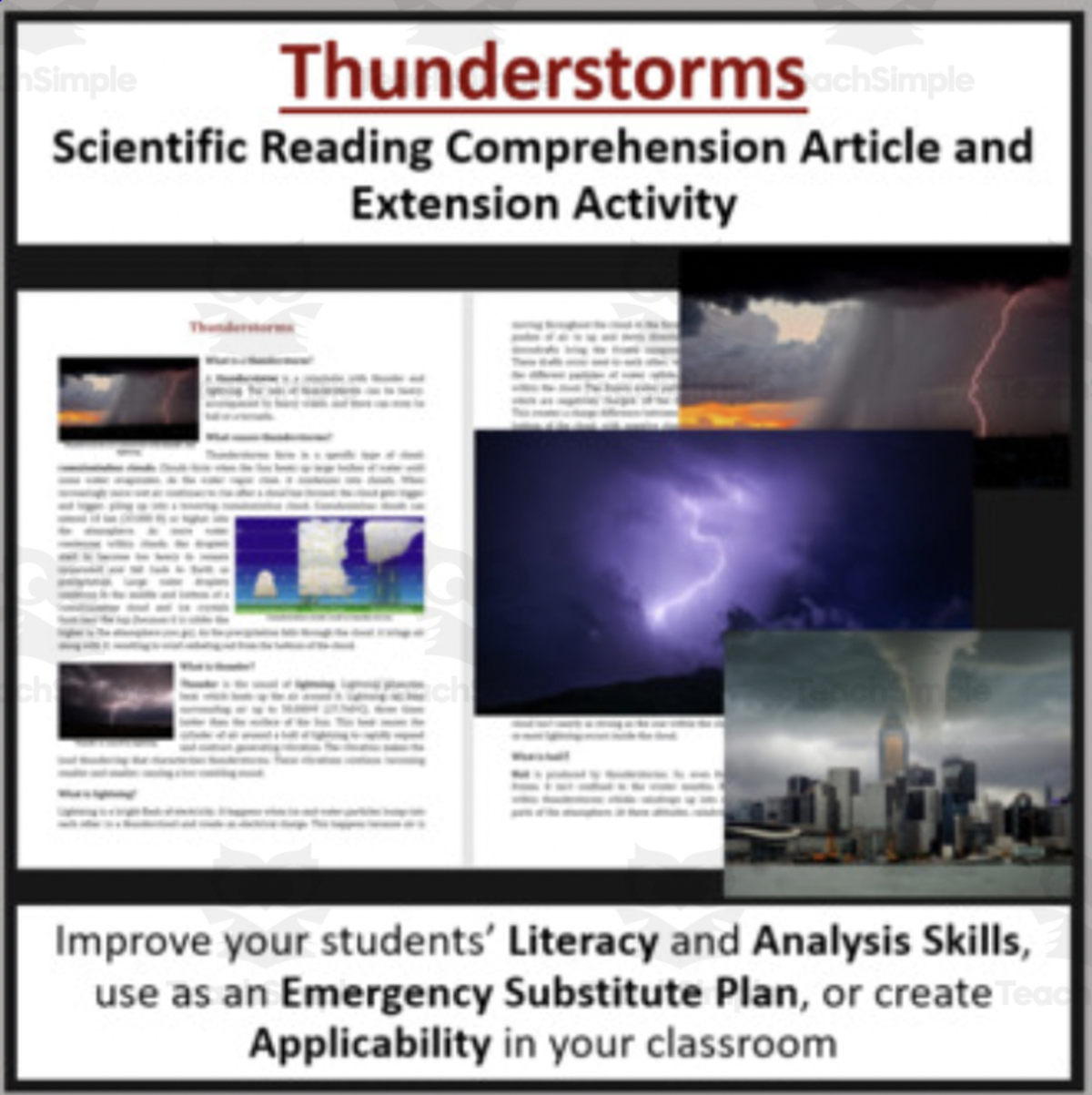 An educational teaching resource from Teach With Fergy entitled Thunderstorms Reading Comprehension Article downloadable at Teach Simple.