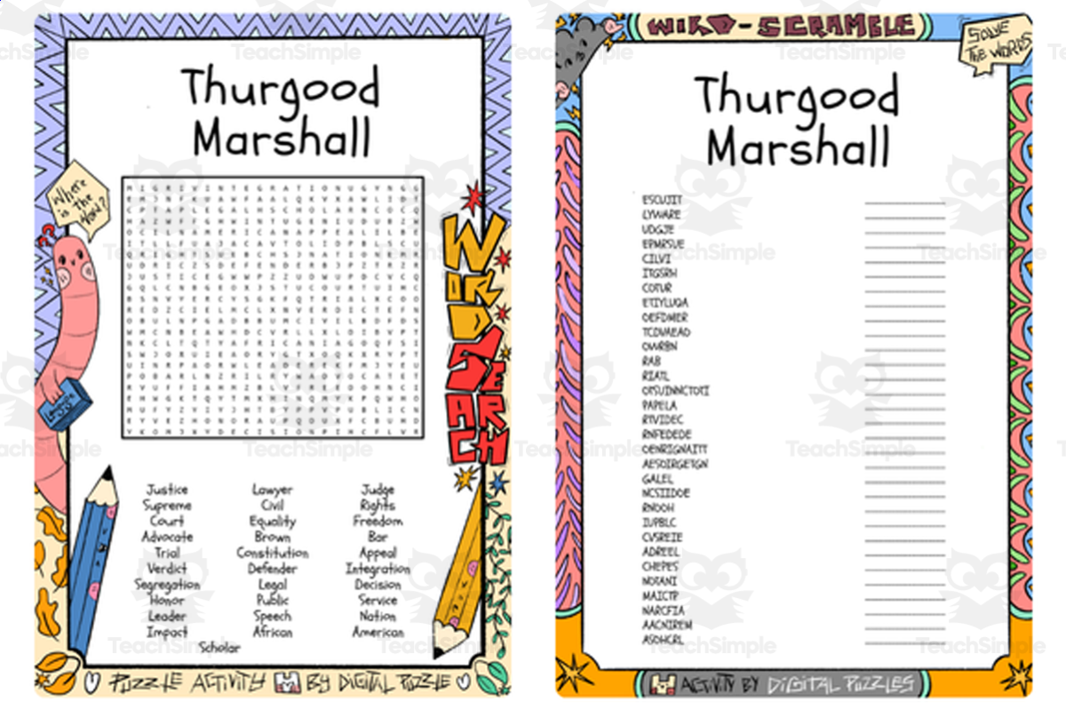 An educational teaching resource from Lapiiin Art Activities entitled Thurgood Marshall word search & scramble downloadable at Teach Simple.