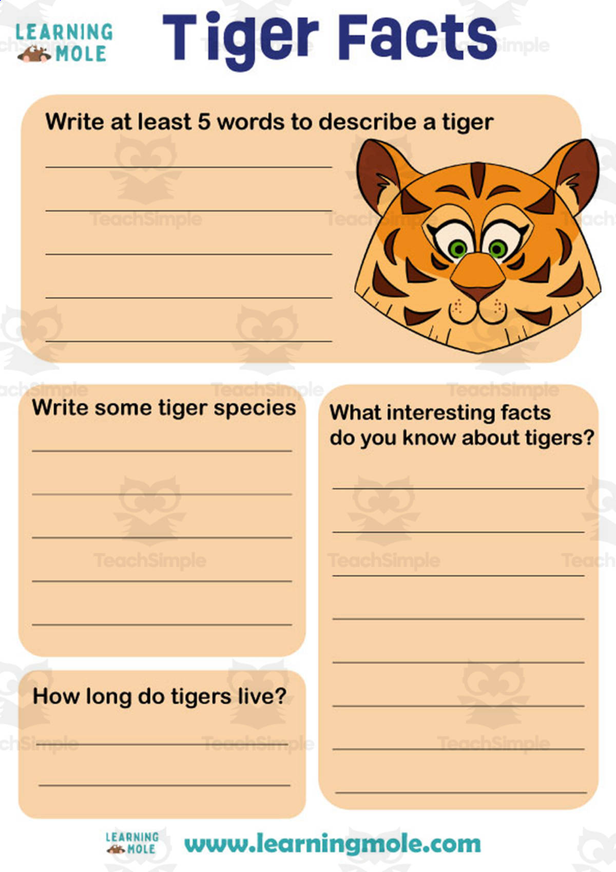 An educational teaching resource from Educational Voice entitled Tiger Activity downloadable at Teach Simple.