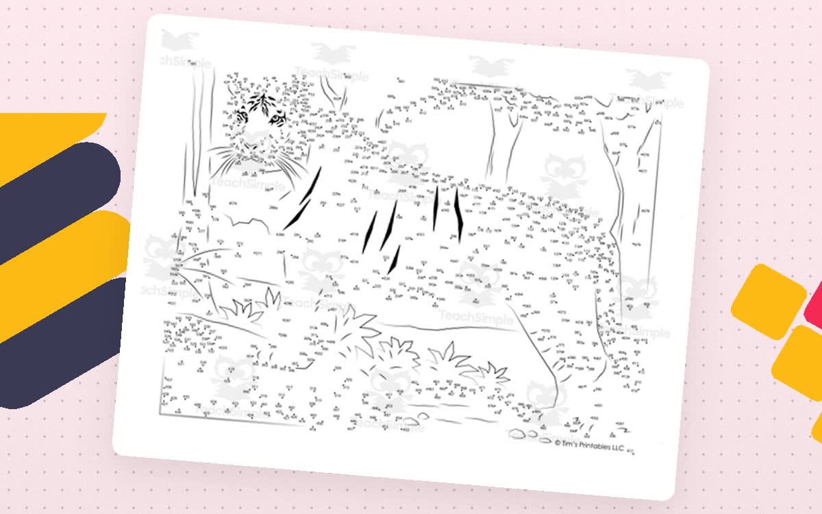An educational teaching resource from Tim's Printables entitled Tiger Extreme Connect the Dots / Dot-to-Dot PDF downloadable at Teach Simple.
