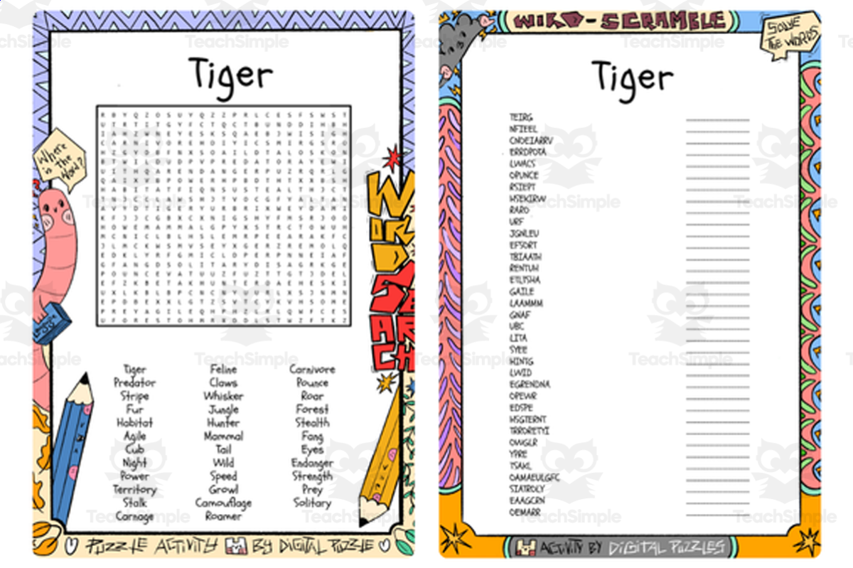 An educational teaching resource from Lapiiin Art Activities entitled Tiger word search & scramble downloadable at Teach Simple.