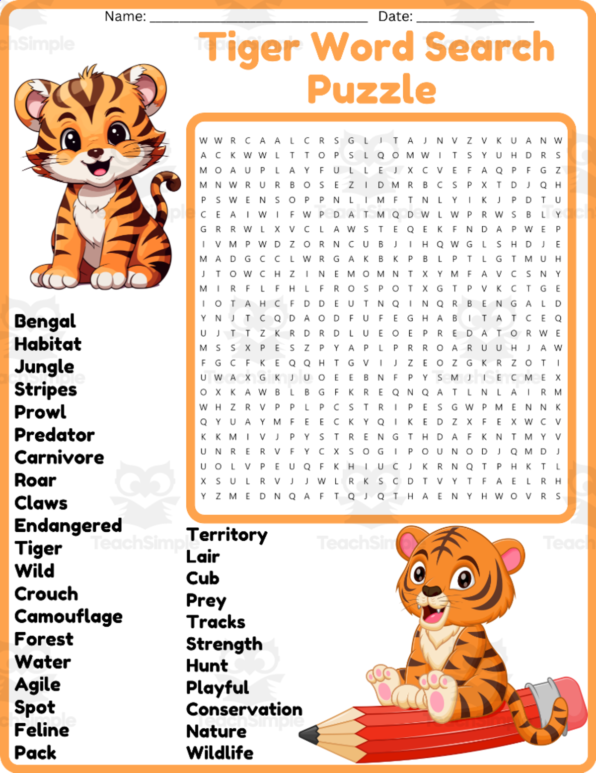 An educational teaching resource from space shope entitled Tiger Word Search Puzzle Worksheet Activities (1st, 2nd, 3rd & 4th downloadable at Teach Simple.
