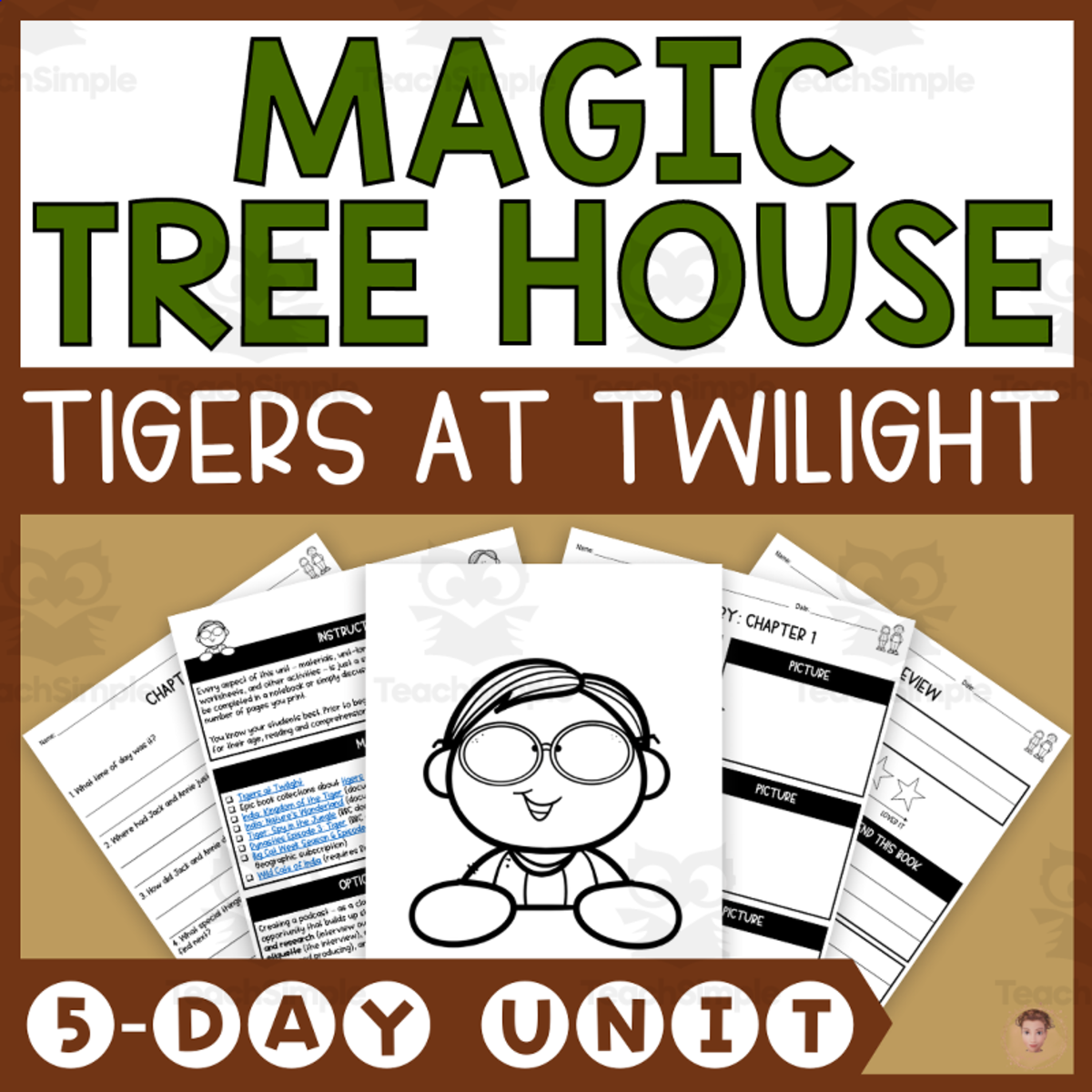 An educational teaching resource from Heather Huhman entitled Tigers at Twilight (Magic Tree House #19 Lesson Plan, Videos, Activities) downloadable at Teach Simple.