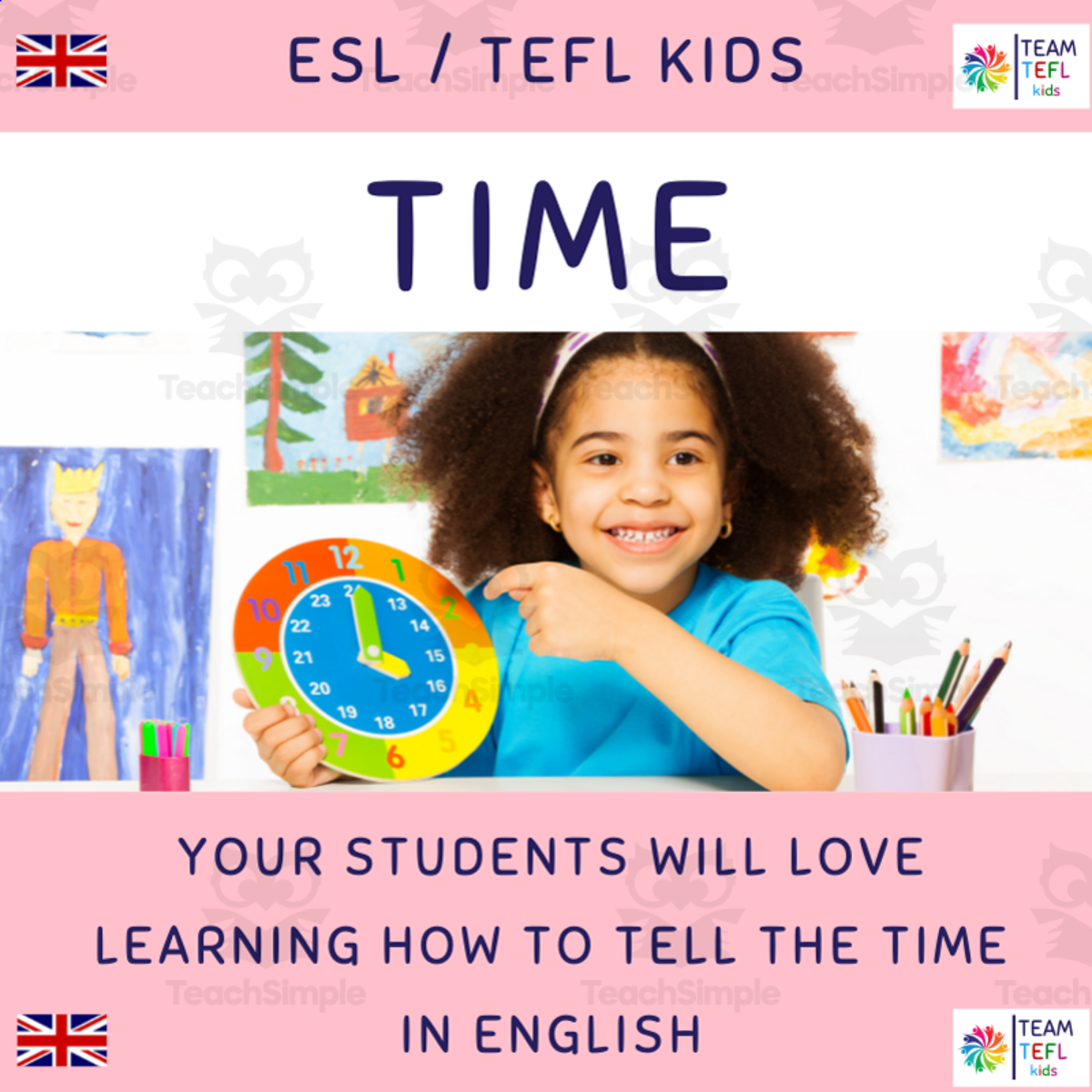 An educational teaching resource from TEAM TEFL entitled Time ESL Lesson Plan For Kids and Early Learners downloadable at Teach Simple.