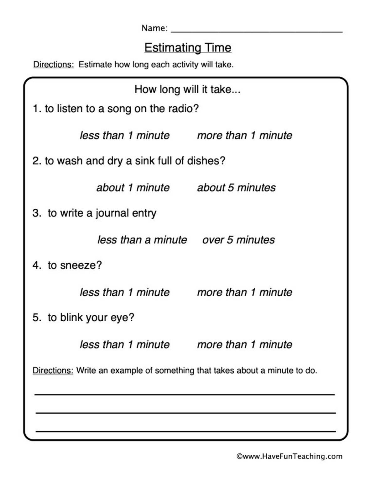 An educational teaching resource from Have Fun Teaching entitled Time Estimation Worksheet downloadable at Teach Simple.
