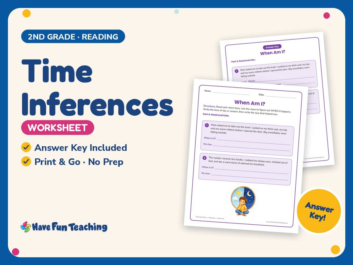 Time Inferences Worksheet – 2nd Grade Reading Practice + Answer Key preview