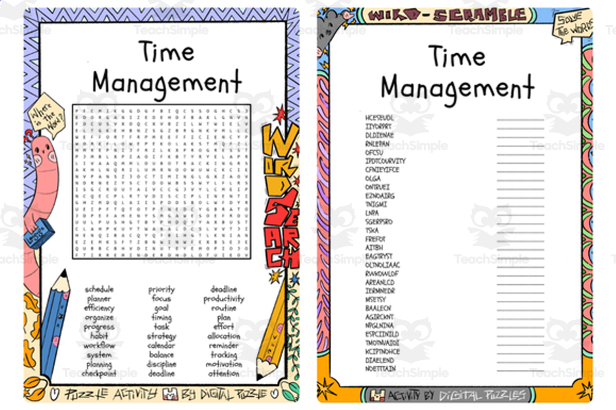 An educational teaching resource from Lapiiin Art Activities entitled Time Management word search and word scramble downloadable at Teach Simple.