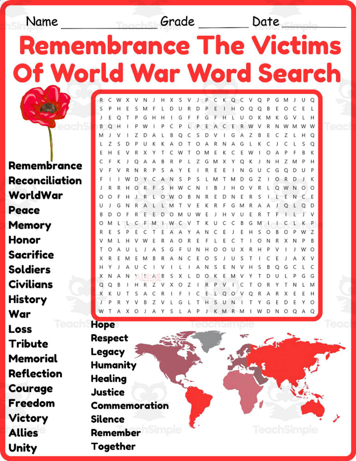 An educational teaching resource from Classsimple entitled time of remembrance of the victims of world war word search worksheet downloadable at Teach Simple.