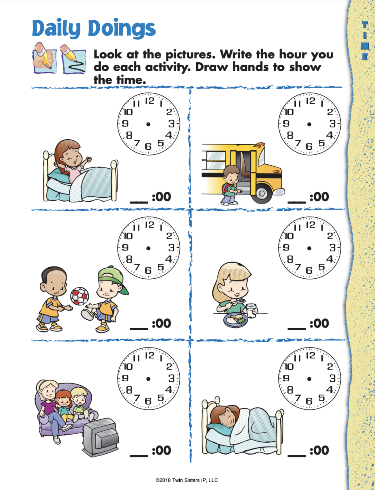 An educational teaching resource from Twin Sisters Digital Media entitled Time Printable Workbook downloadable at Teach Simple.