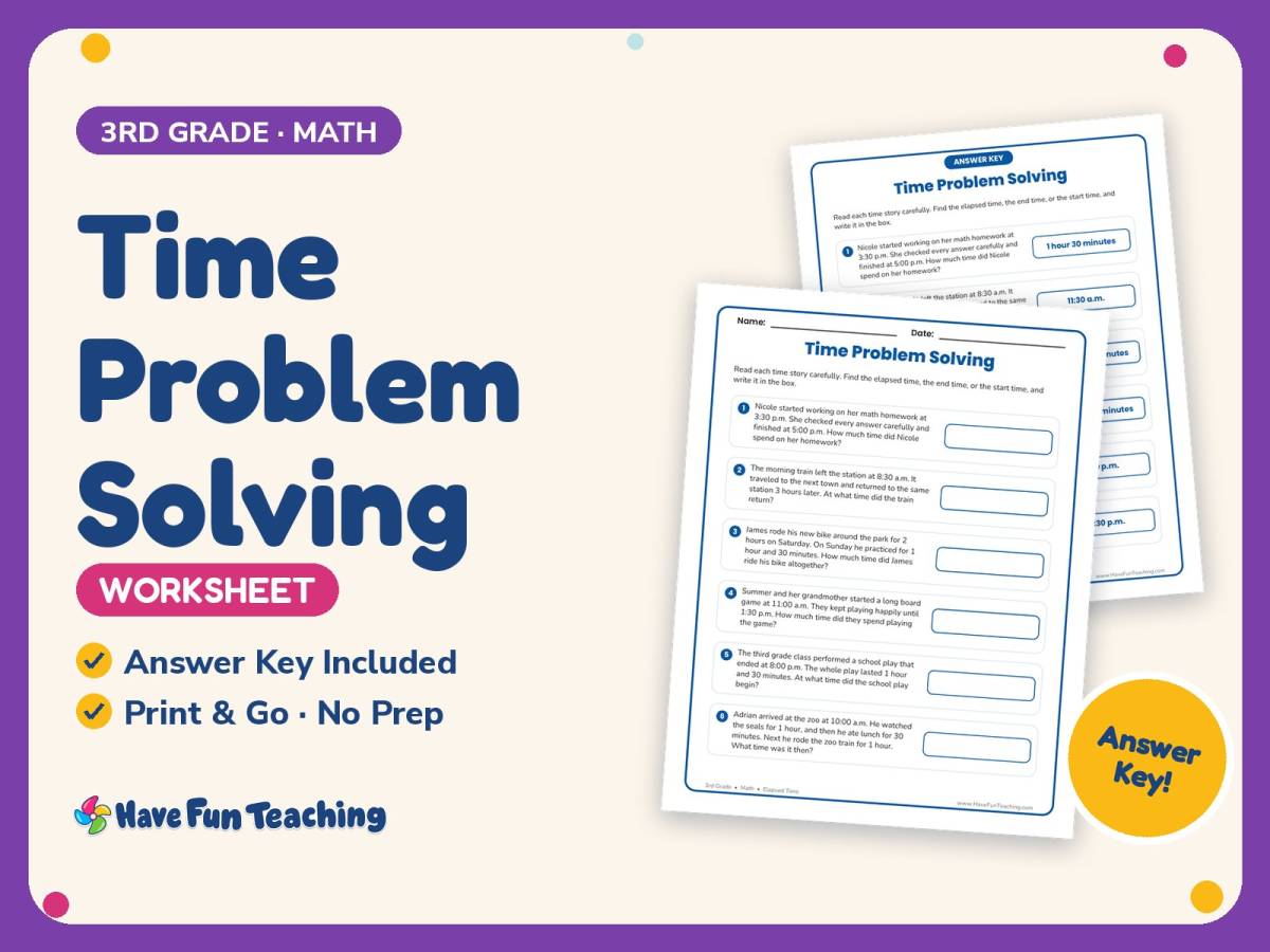 Time Problem Solving Worksheet – 3rd Grade Clocks & Elapsed Time preview
