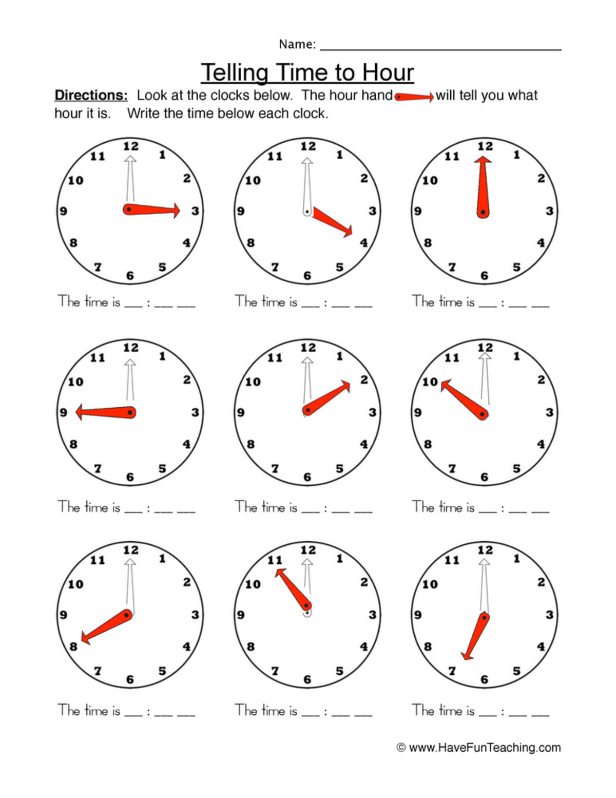 An educational teaching resource from Have Fun Teaching entitled Time to the Hour Worksheet downloadable at Teach Simple.