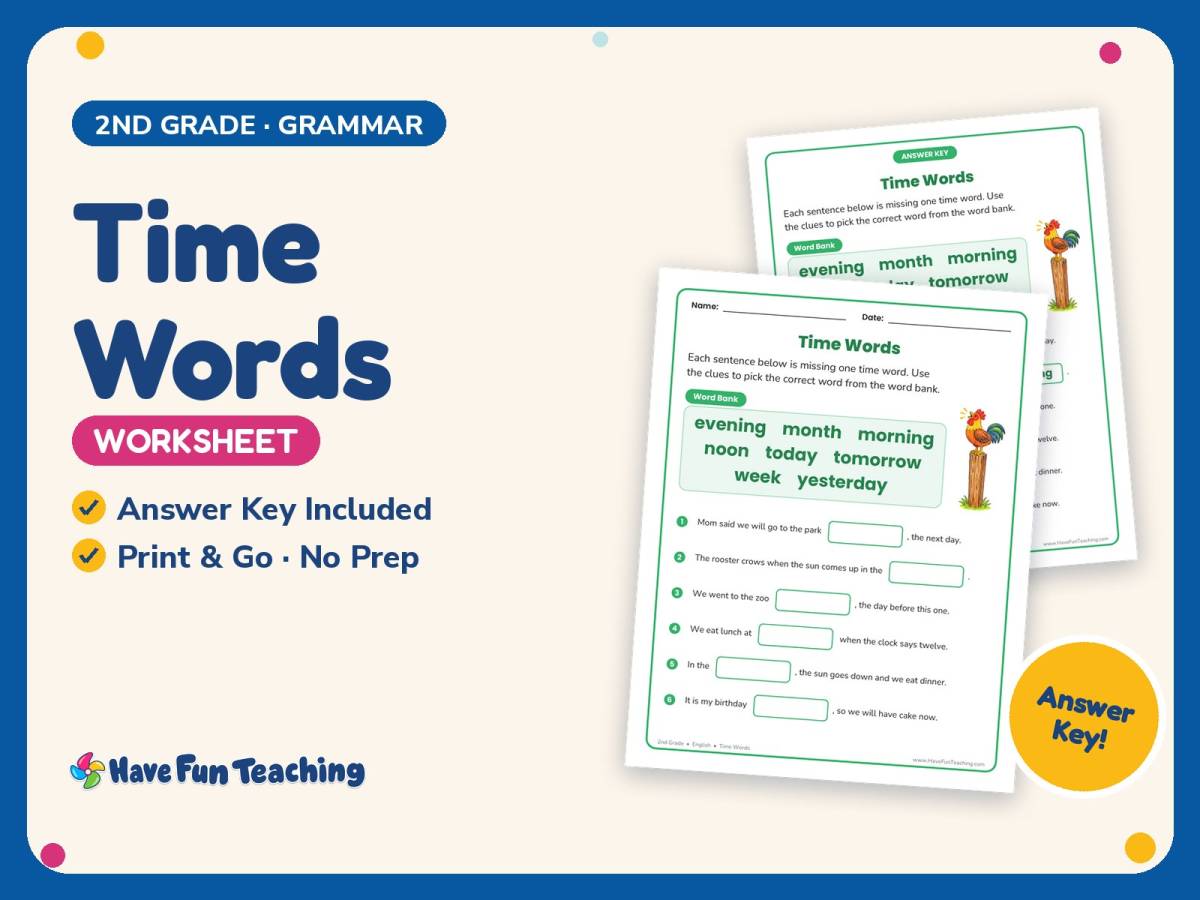 Time Words Worksheet – 2nd Grade Sentences Practice + Answer Key preview
