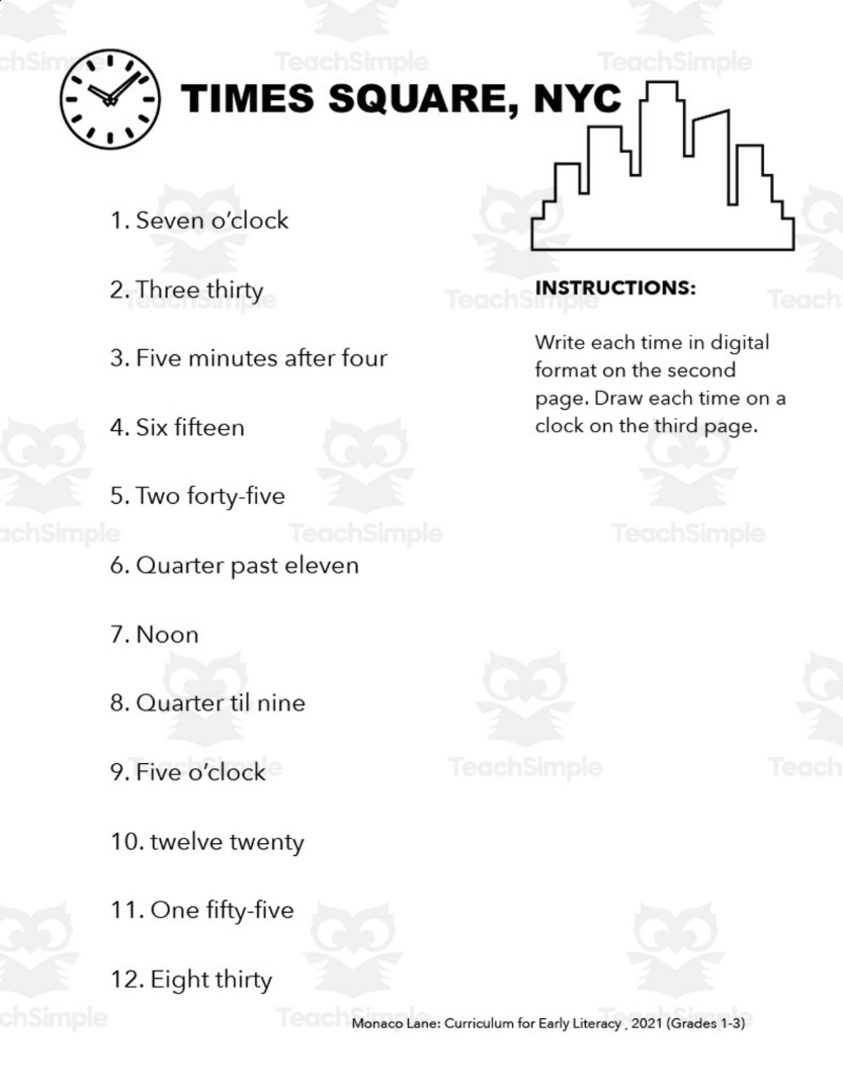 An educational teaching resource from Monaco Lane Curriculum for Early Literacy entitled Times Square, NYC Math Worksheet downloadable at Teach Simple.