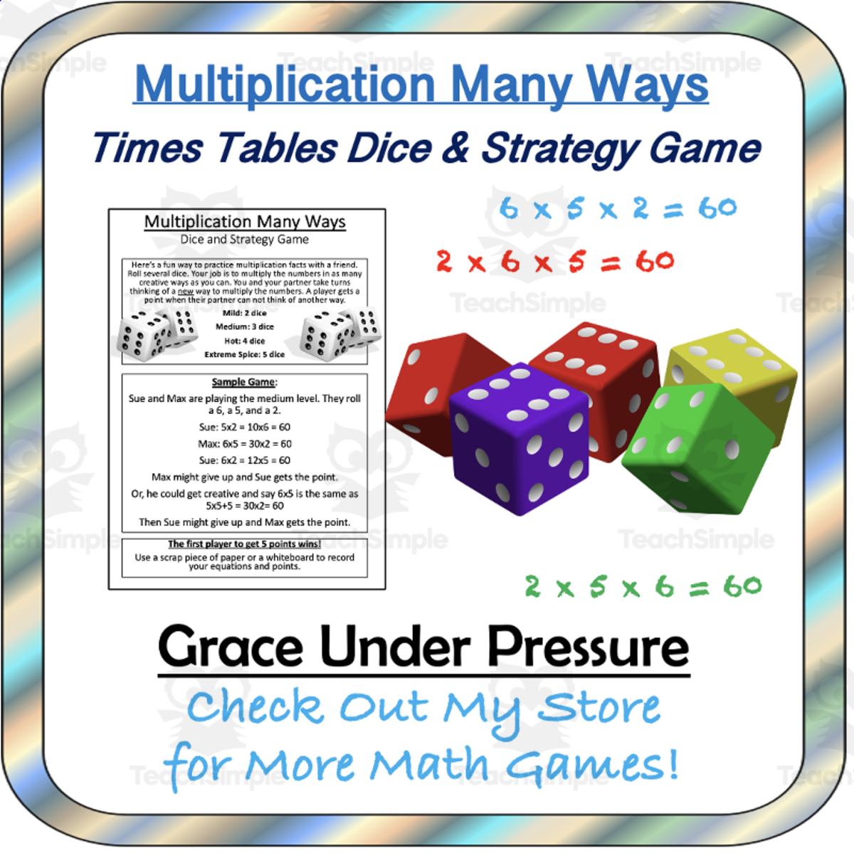 An educational teaching resource from Grace Under Pressure entitled Times Tables Game: Multiplication Strategies & Commutative Property downloadable at Teach Simple.