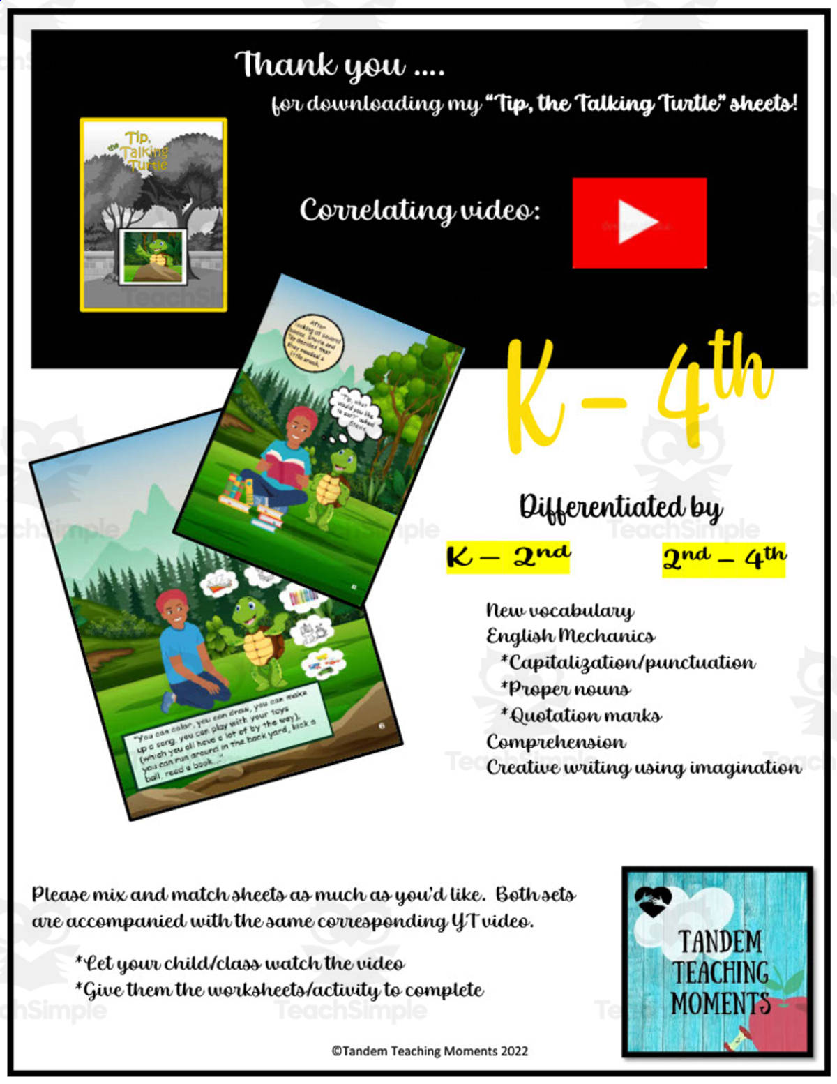 An educational teaching resource from Tandem Teaching Moments entitled "Tip, the Talking Turtle" Worksheet Packet downloadable at Teach Simple.