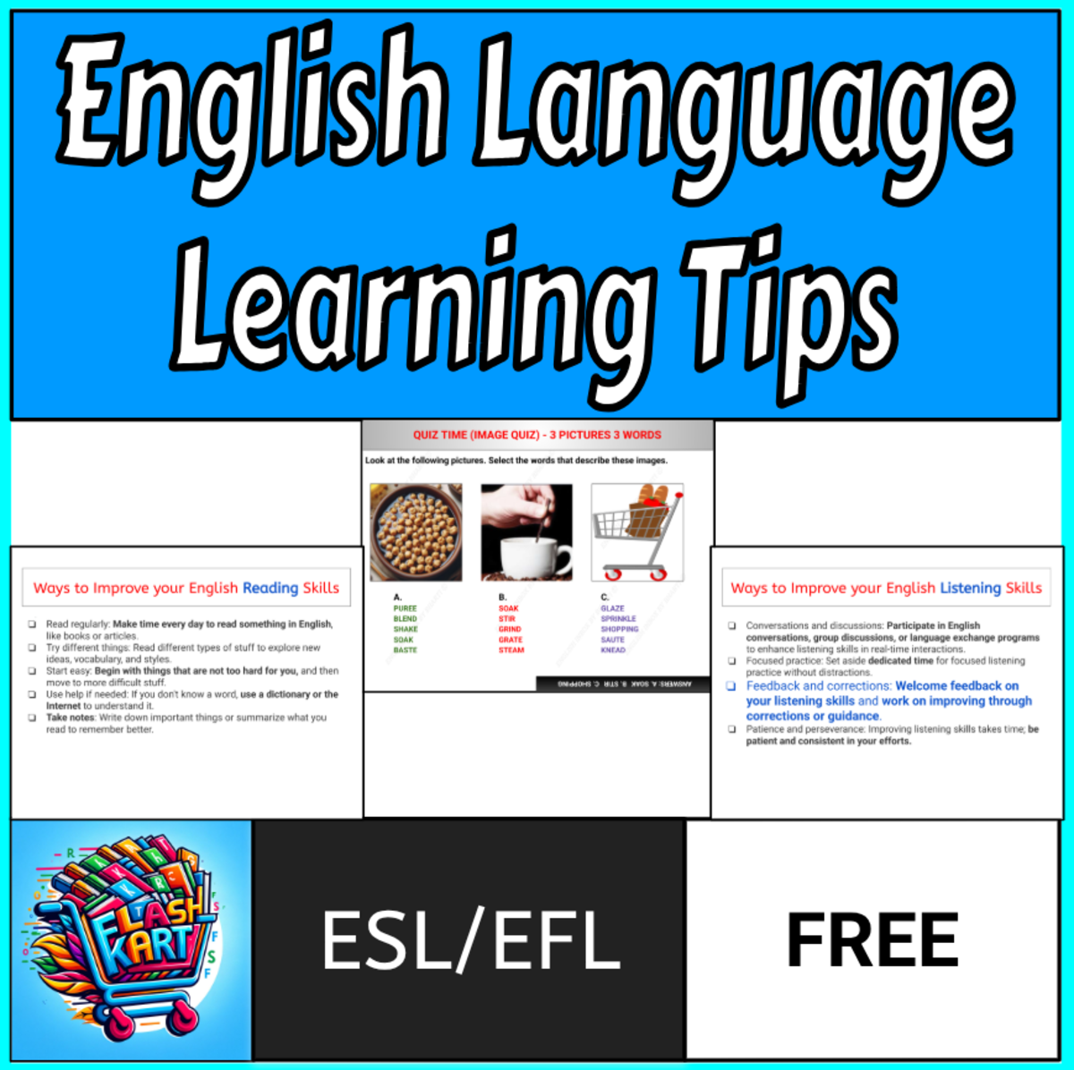 An educational teaching resource from FlashKart entitled Tips for ESL/EFL and English Language Learners - Easy Ways to Learn En downloadable at Teach Simple.